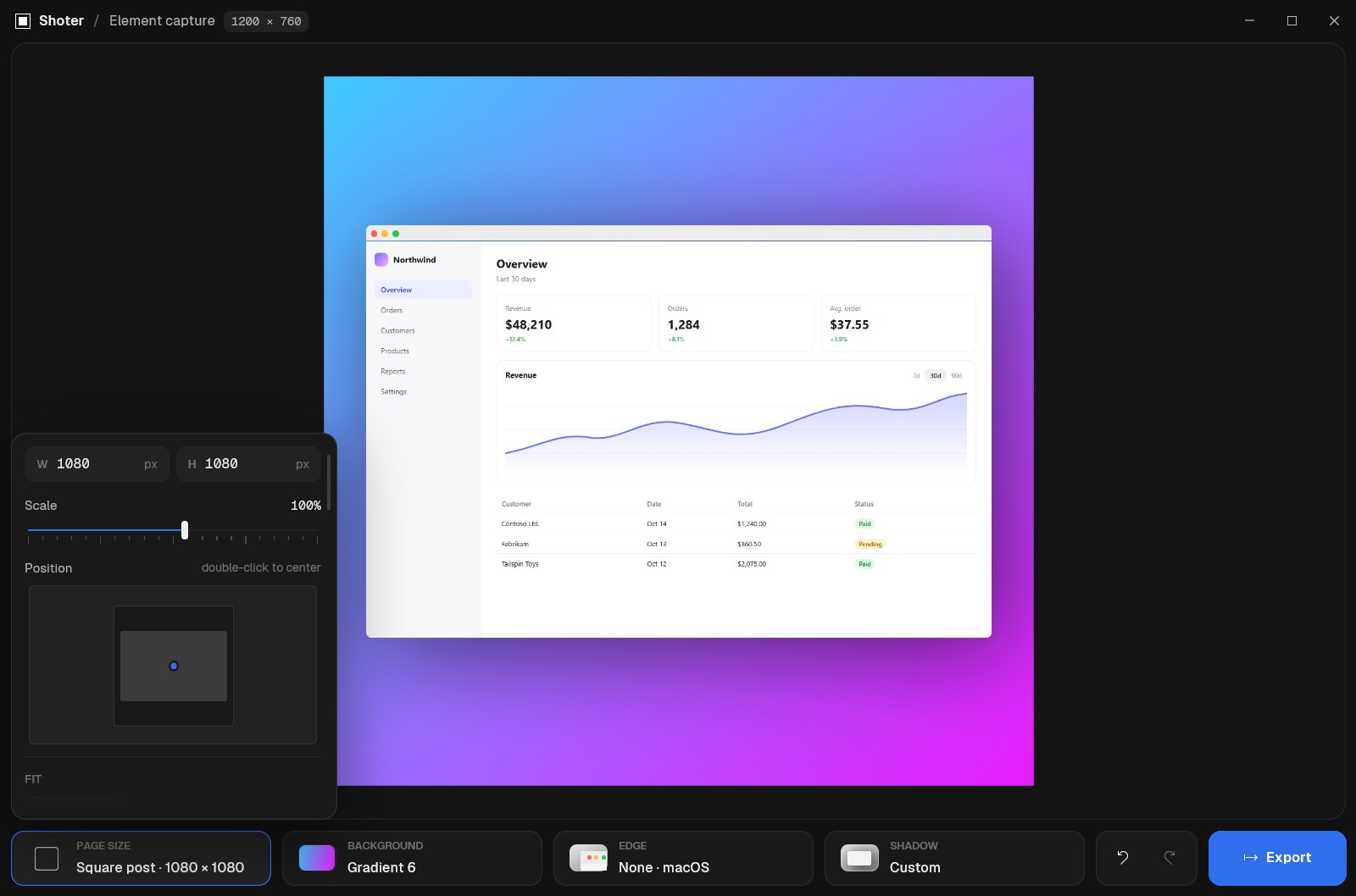 Page size panel set to an Instagram square.